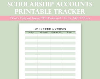 Printable Scholarship Accounts Tracker | Scholarship Planner Page | Scholarship Accounts Page | Scholarship Worksheet | College Scholarships