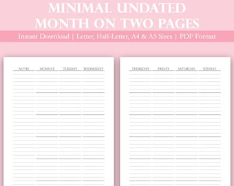 Undated Printable Monthly Planner | Lined Monthly Kit | Month on Two Page | Minimal Monthly Planner View | Monthly Pages | A5 | A4 | Letter
