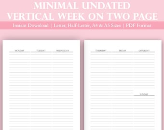 Undated Printable Lined Weekly Planner Page | Weekly Planner Insert | Vertical Weekly Planner | Week on Two Page Insert | Planner Inserts