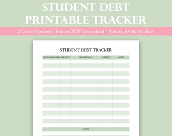 Printable Student Debt Tracker | Financial Worksheet | Debt Tracking Page | Student Finance Planner Insert | School Planner | Student Page