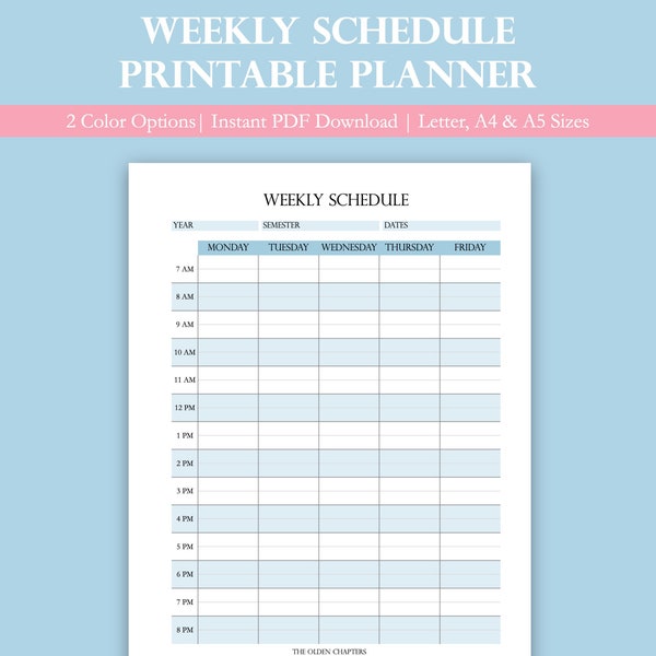 Printable Weekly Schedule Planner | Class Schedule Planner Insert | Printable Course Schedule | School Planner Page | College | University