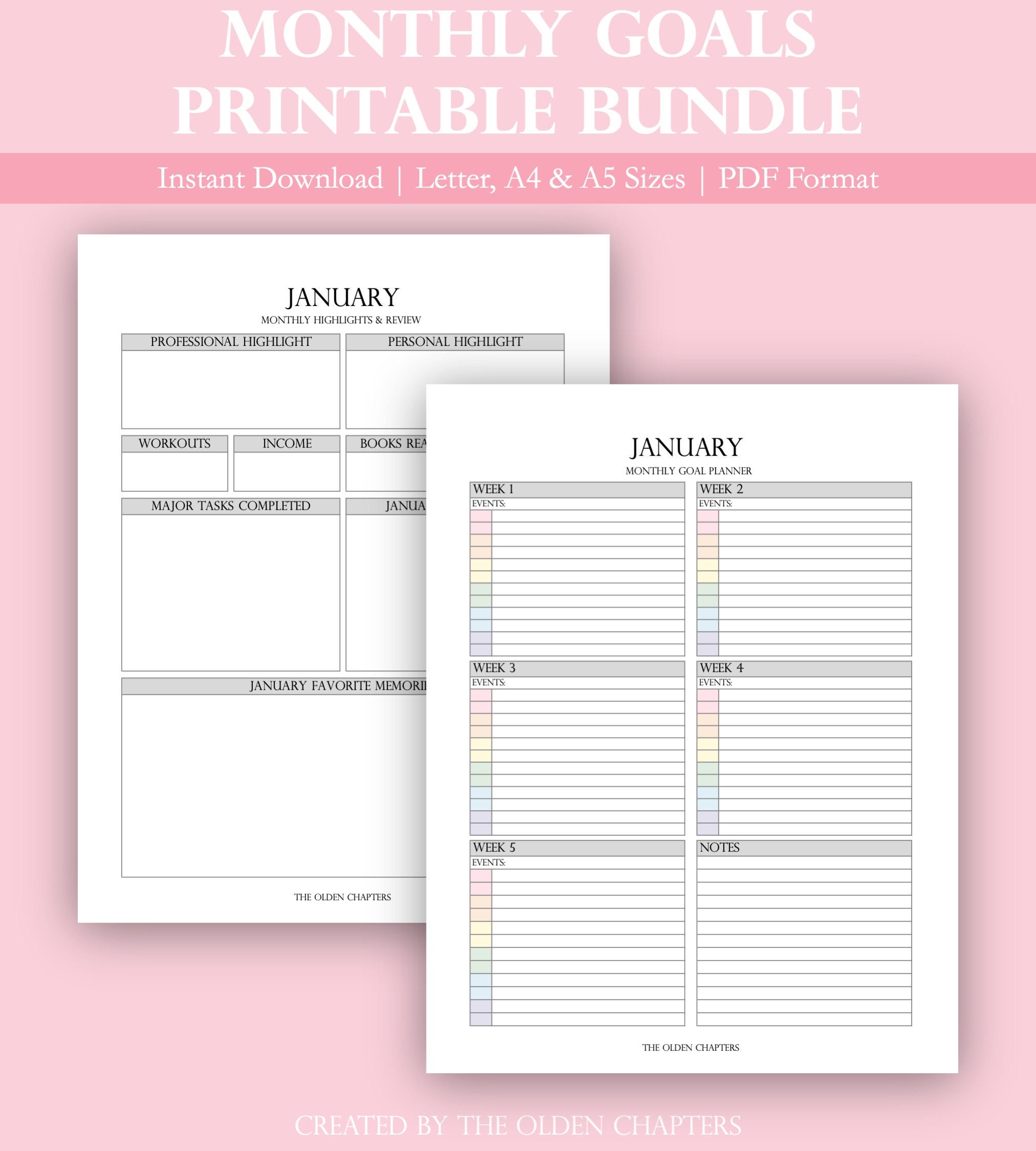 Monthly Goals Printable Bundle Digital Goal Planner 