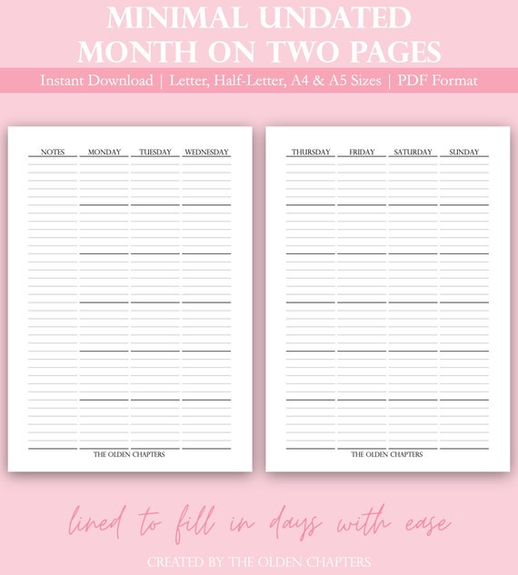 Undated Printable Monthly Planner Lined Monthly Kit Month | Etsy