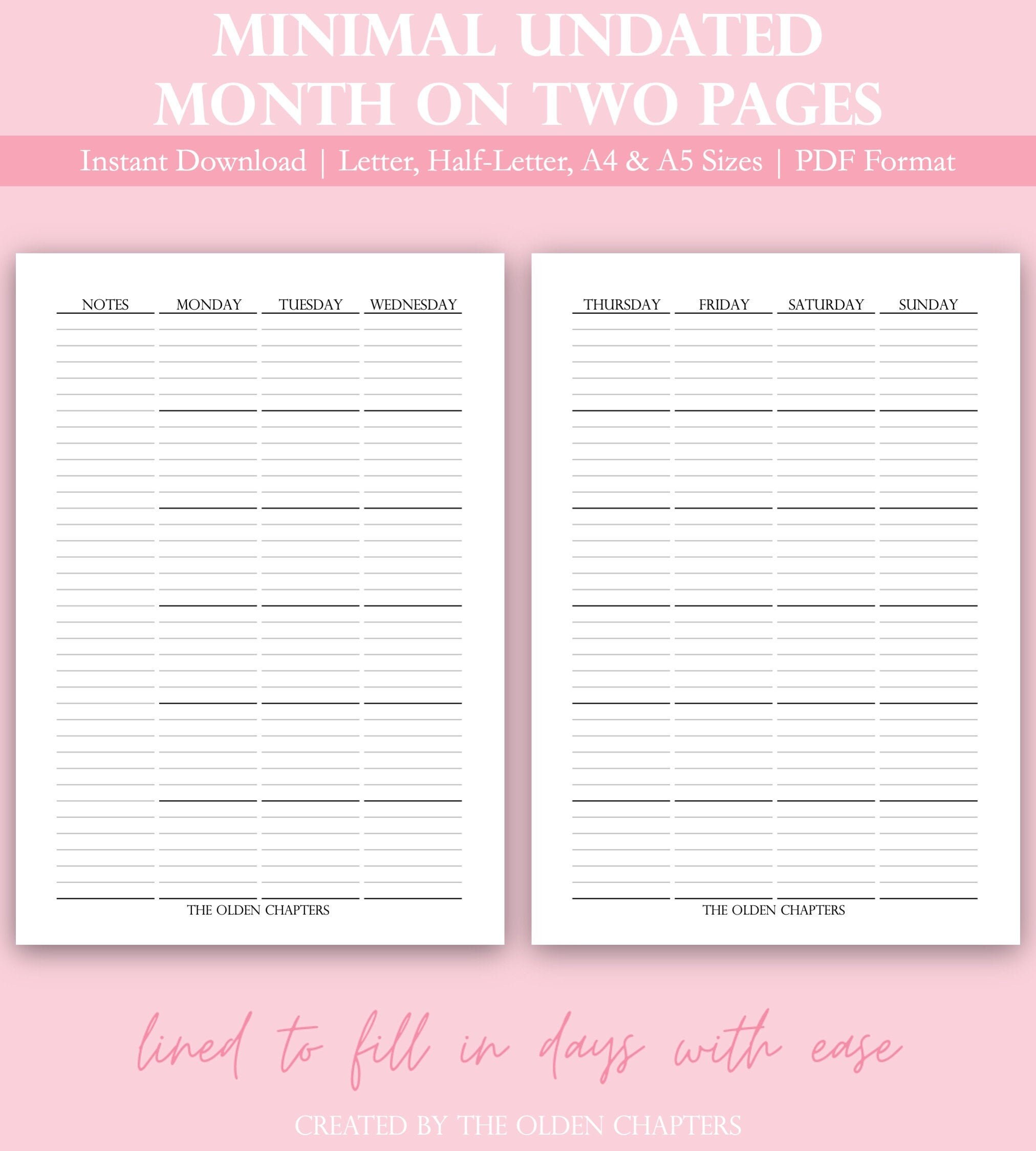 Undated Printable Monthly Planner | Lined Monthly Kit | Month on Two ...