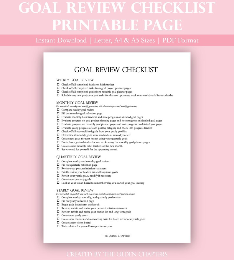 Goal Review Checklist Printable Weekly Review Monthly Review Quarterly