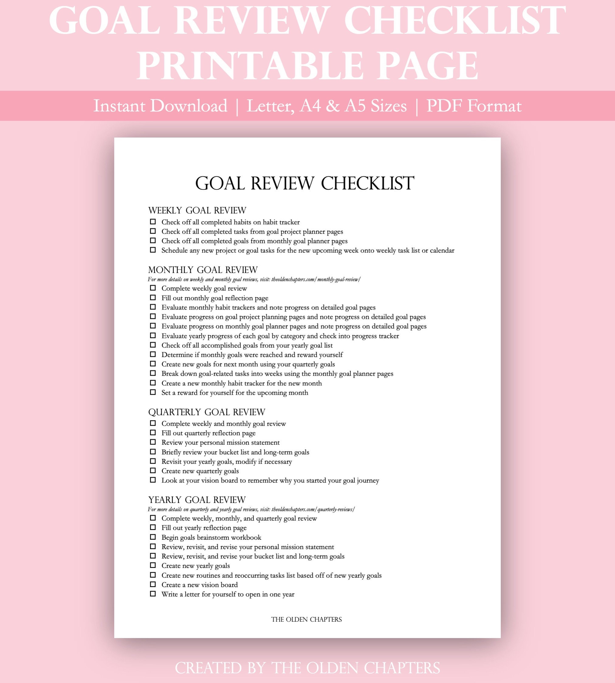 Goal Review Checklist Printable Weekly Review Monthly Etsy