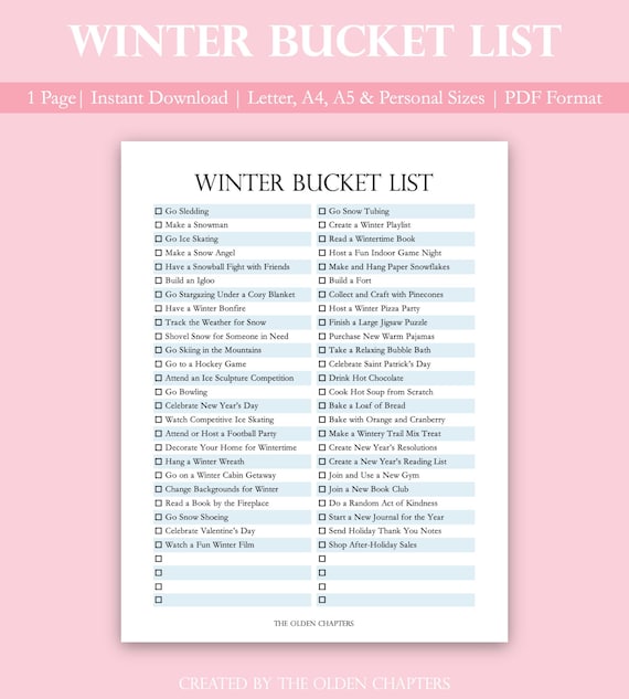 Winter Bucket List Printable  Activity Checklist  Seasonal