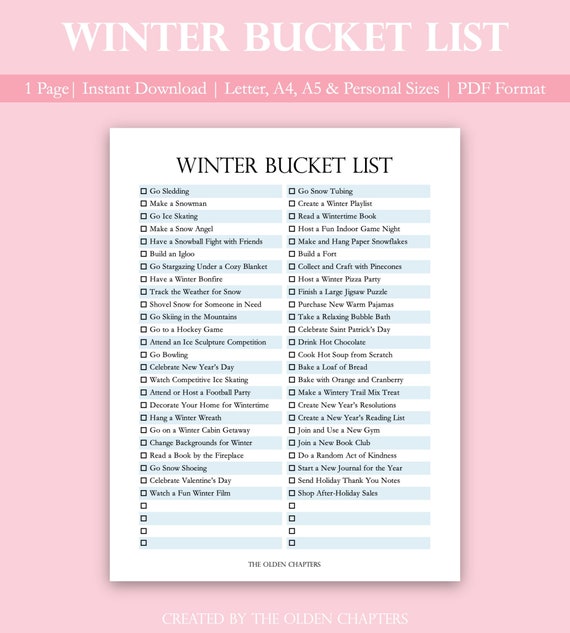 Winter Bucket List Printable  Activity Checklist  Seasonal