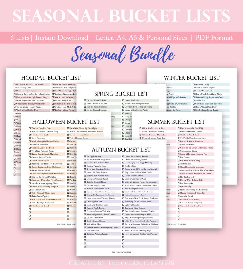 Seasonal Bucket List Printable Bundle Holiday Planner Winter Spring Summer Fall Halloween Holiday Family Christmas List image 1