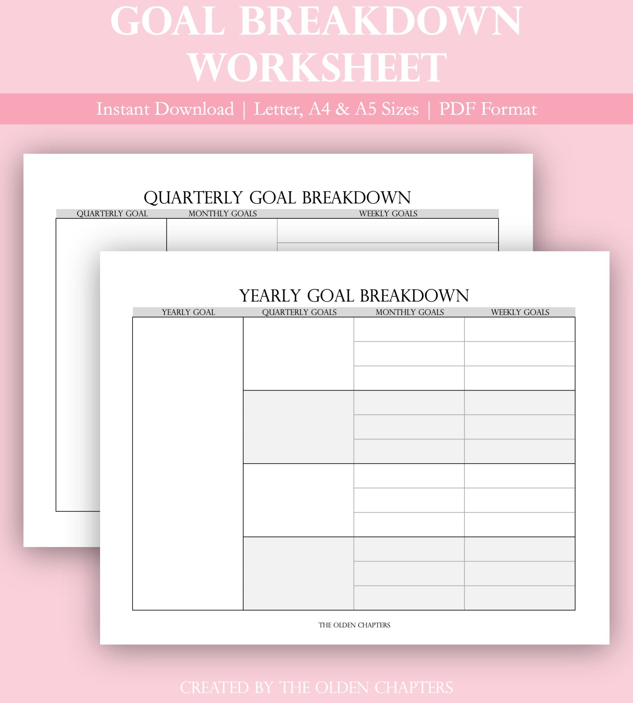 Goal Breakdown Worksheet Yearly Goals Quarterly Goals Etsy