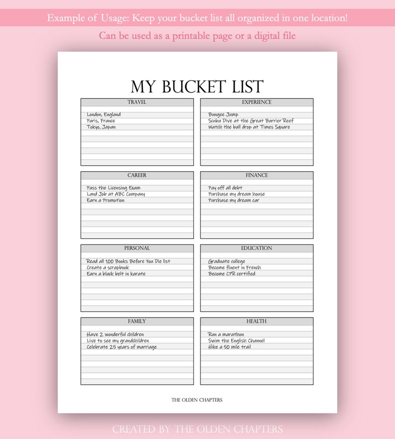 Bucket List Printable Worksheet Planner Insert Digital Planner File