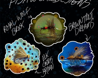 Royal Wolf Brook Trout Dreams, Elk Caddis Brown, and Brown Trout Summer Dreams, Combo Pack, Diecut Stickers, UV Coated Inks