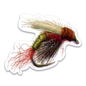 May include: A detailed illustration of a fishing fly with brown, red, green, and white feathers. The fly has a hook and a red tail.