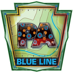 May include: A green and yellow Pennsylvania state outline with a blue river and the letters "PA" in black with colorful polka dots. The text "BLUE LINE" is in blue and white.