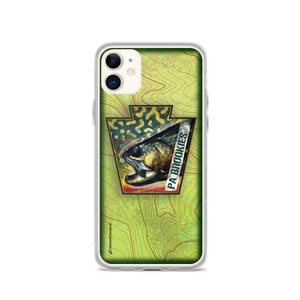May include: A clear phone case with a green and brown design featuring a trout fish and the text "PA Brookies".