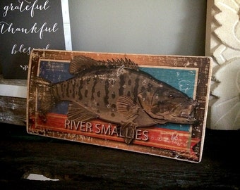 River Smallies (smallmouth bass) Rustic illustrated Wood Sign 10" x 5.25"