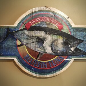 Rustic Wood Sign, BlueFin Tuna 15&quot; x 11&quot;, Tuna Fishing Sign Home Decor, Color illustrated, Mancave Art