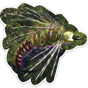 May include: A colorful fly fishing lure with a red, gold, and green body and white feathers. The lure is set against a green and black background.