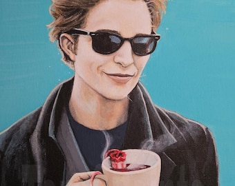 May include: An acrylic painting of a person wearing sunglasses, a black jacket, and a navy blue shirt, holding a white mug with a red liquid and a red rose. The background is a solid light blue.