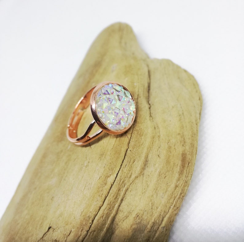 White Faux Druzy Ring Sparkling Cabochon Ring Adjustable Rose Gold Ring Bohemian Ring Druzy Jewelry Gift For Woman Rose Gold Jewelry