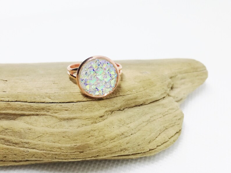 White Faux Druzy Ring Sparkling Cabochon Ring Adjustable Rose Gold Ring Bohemian Ring Druzy Jewelry Gift For Woman Rose Gold Jewelry