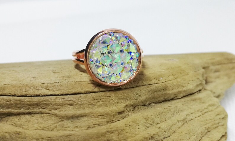 White Faux Druzy Ring Sparkling Cabochon Ring Adjustable Rose Gold Ring Bohemian Ring Druzy Jewelry Gift For Woman Rose Gold Jewelry
