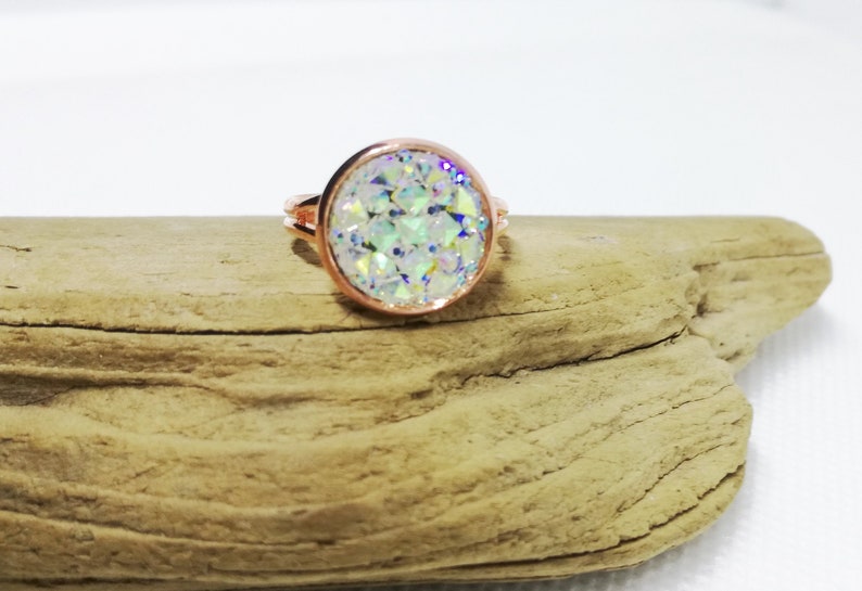 White Faux Druzy Ring Sparkling Cabochon Ring Adjustable Rose Gold Ring Bohemian Ring Druzy Jewelry Gift For Woman Rose Gold Jewelry