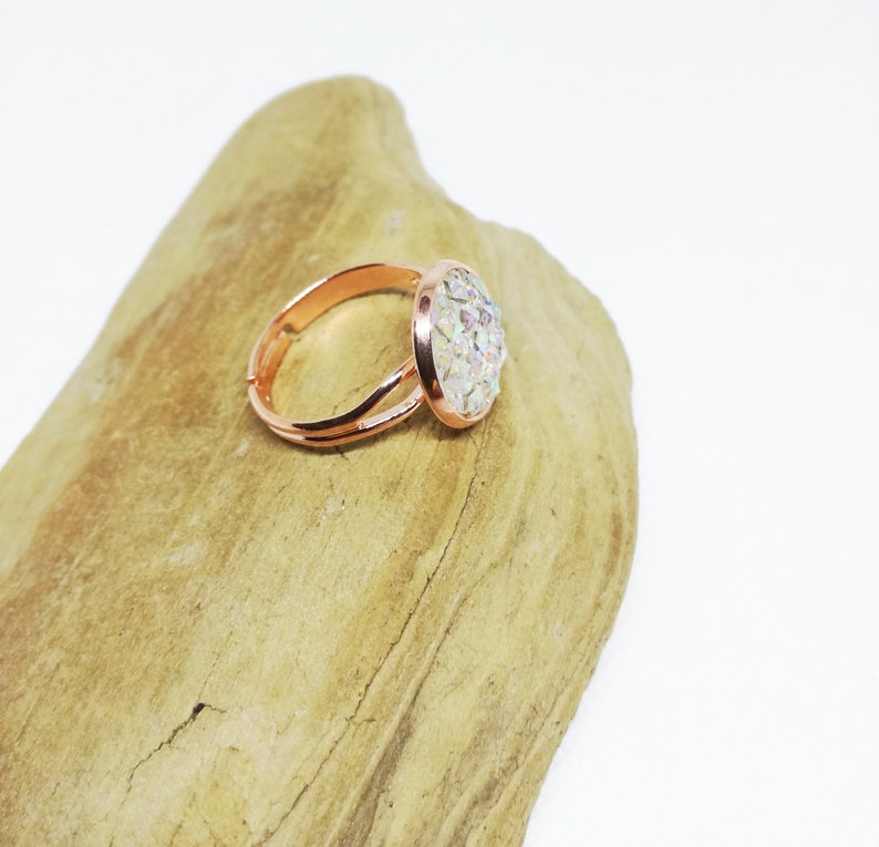 White Faux Druzy Ring Sparkling Cabochon Ring Adjustable Rose Gold Ring Bohemian Ring Druzy Jewelry Gift For Woman Rose Gold Jewelry