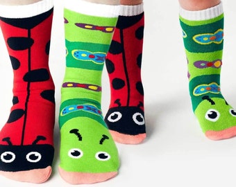 LADYBUG & CATERPILLAR ~ MATCHY mismatchy Mom and Me cute fun silly bug socks set - 1 adult 1 kid size pair bundle