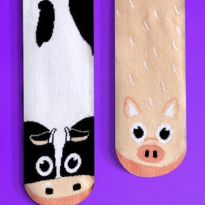 Calcetines antideslizantes con diseño de vaca y cerdo, animales de granja desparejados, para niños. Calcetines divertidos y adorables.