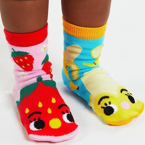 Mismatched Kids Socks: Strawberry Banana, Non-Slip Grips