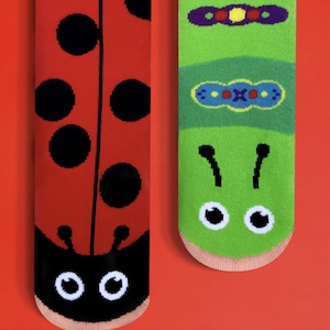 Ladybug & Caterpillar Cute Kids Mismatched Socks - Grippy Non Slip Socks for Kids! Easter Basket Stuffer Idea