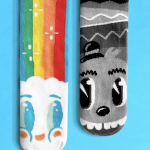Kids Rainbowface & Mr. Gray Wacky Cute Fun Mismatched Gripper Socks by Nate Bear