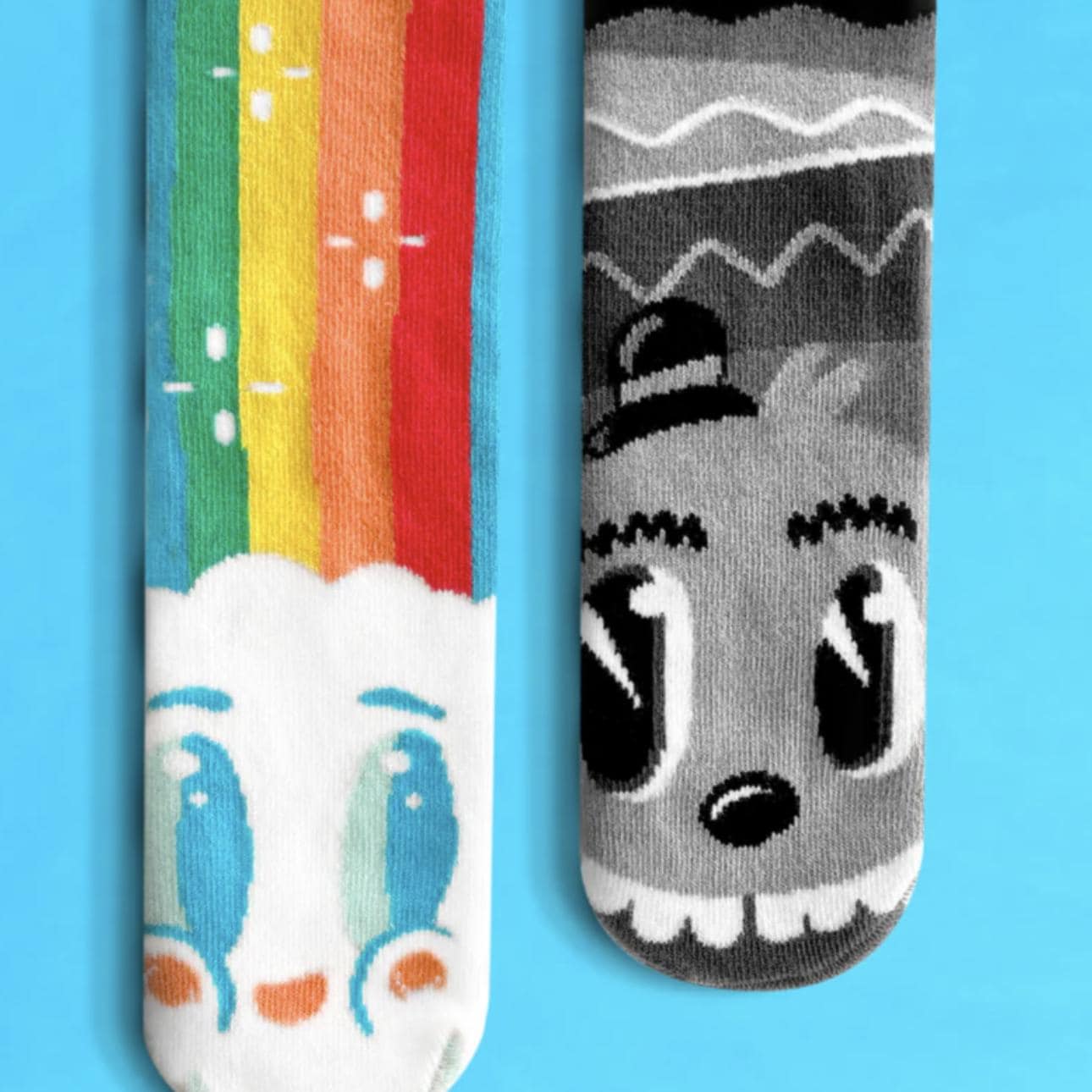 Mismatched Kids Socks: Rainbowface & Mr. Gray Gripper Socks