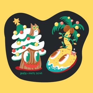 May include: A Christmas tree and a palm tree with faces and googly eyes. The Christmas tree is decorated with ornaments and lights. The palm tree is decorated with lights and a star. The text "pals + NATE BEAR" is at the bottom of the image.