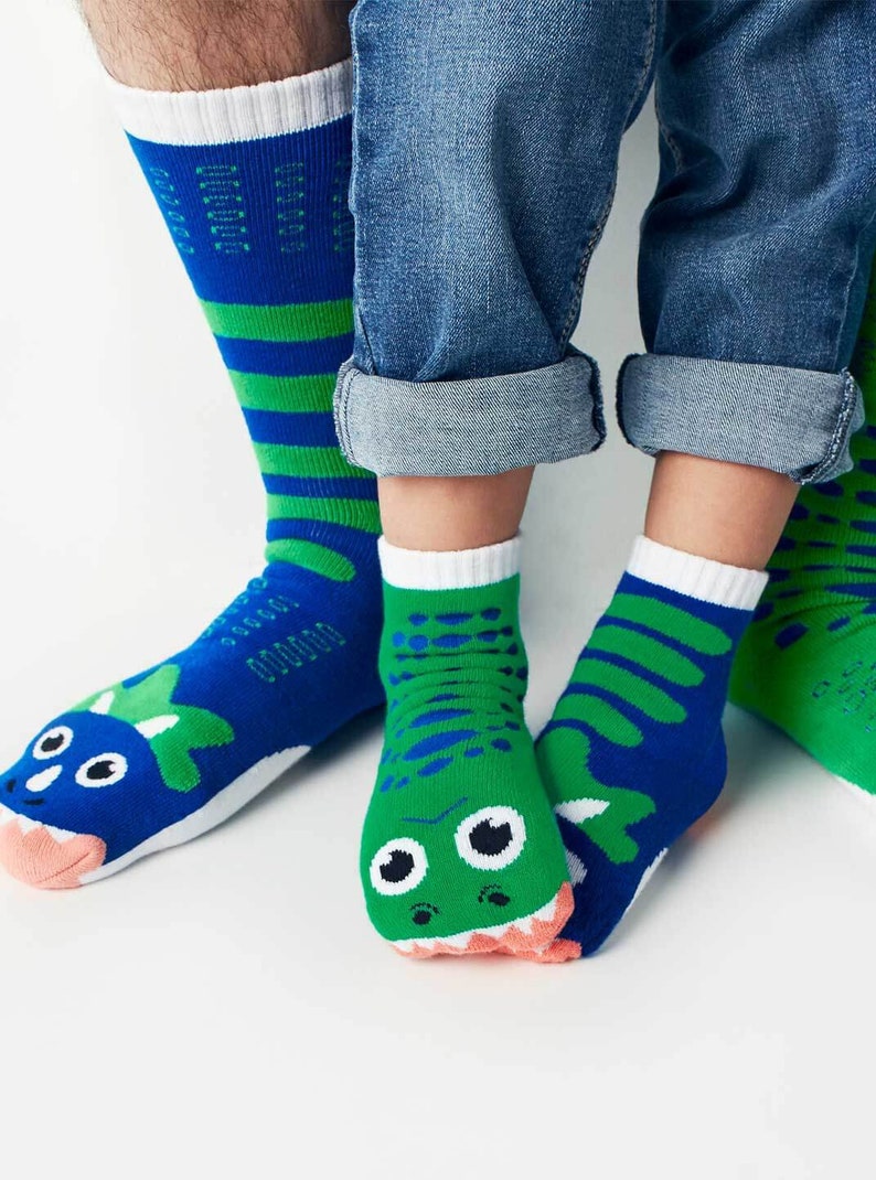 T-Rex & Triceratops Adult and Kid Sock set of cool fun colorful cute dinosaur Matchy Mismatchy image 1