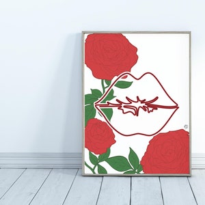 Red Lips on a background of roses, Instant Download