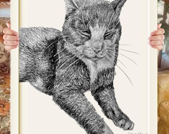 カスタム猫肖像画 | 手描き猫アートペット肖像画 | カスタム手描きペット肖像画ギフト | 生き生きとした猫肖像画スケッチ | ペットアート作品
