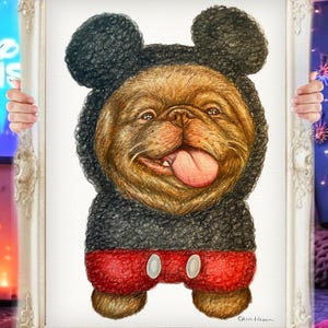 Retrato de perro de dibujos animados / Dibujo ilustrado de mascota / Retrato a lápiz de color / Arte de disfraz de mascota / Recuerdo familiar de mascota / Regalo por la pérdida de una mascota