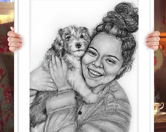 Custom Family and Pet Portrait in Black and White Graphite Pencil Drawing