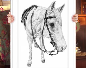 Custom Horse Portrait in Black and White Graphite Pencil Drawing