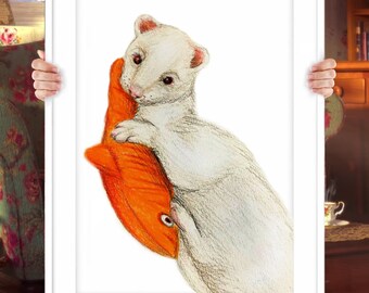 Custom Ferret Portrait in Colored Pencil Drawing