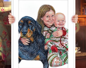 Custom Family and Pet Portrait in Colored Pencil Drawing