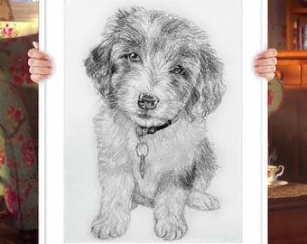 Personalisiertes Hunde Portrait in schwarz-weißer Graphitstift Zeichnung