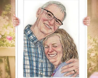 Custom Couples Portrait in Colored Pencil Drawing