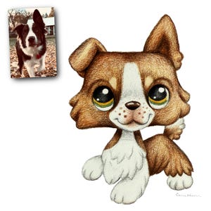 May include: A cartoon illustration of a brown and white dog with large, expressive eyes. The dog has a white chest and paws, with a small photo of a real dog in the upper left corner. The illustration is signed "Calie Huron".