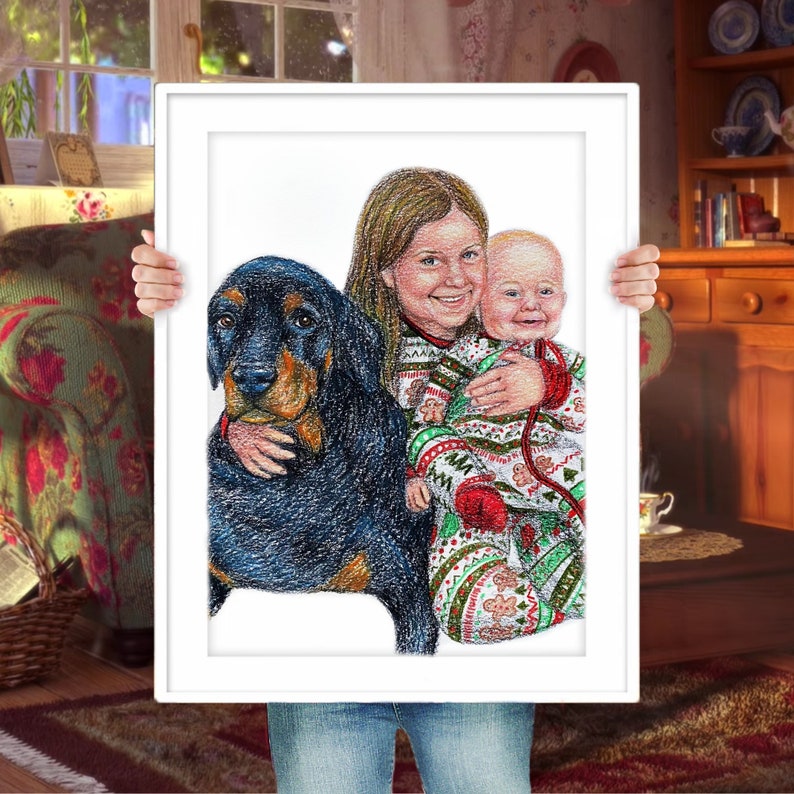 Custom Family and Pet Portrait in Colored Pencil Drawing image 1