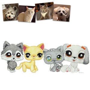 May include: A drawing of four cartoon pets: a gray wolf, a yellow cat, a gray cat, and a white dog. Above are four photos of a dog and three cats. The cartoon animals have large eyes.