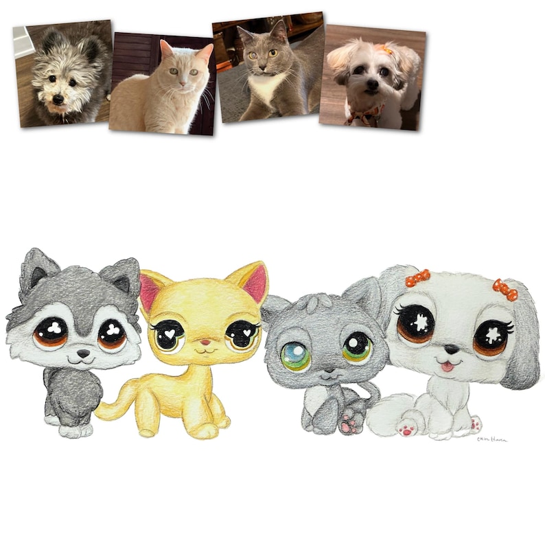 May include: A drawing of four cartoon pets: a gray wolf, a yellow cat, a gray cat, and a white dog. Above are four photos of a dog and three cats. The cartoon animals have large eyes.