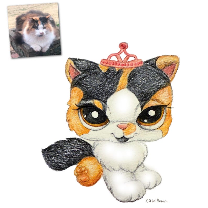 May include: A colorful pencil drawing of a calico cat wearing a pink crown. The cat has large, expressive eyes and a white chest. A smaller photo of a real calico cat is in the upper left corner. The drawing is signed "CU Lot Haven".